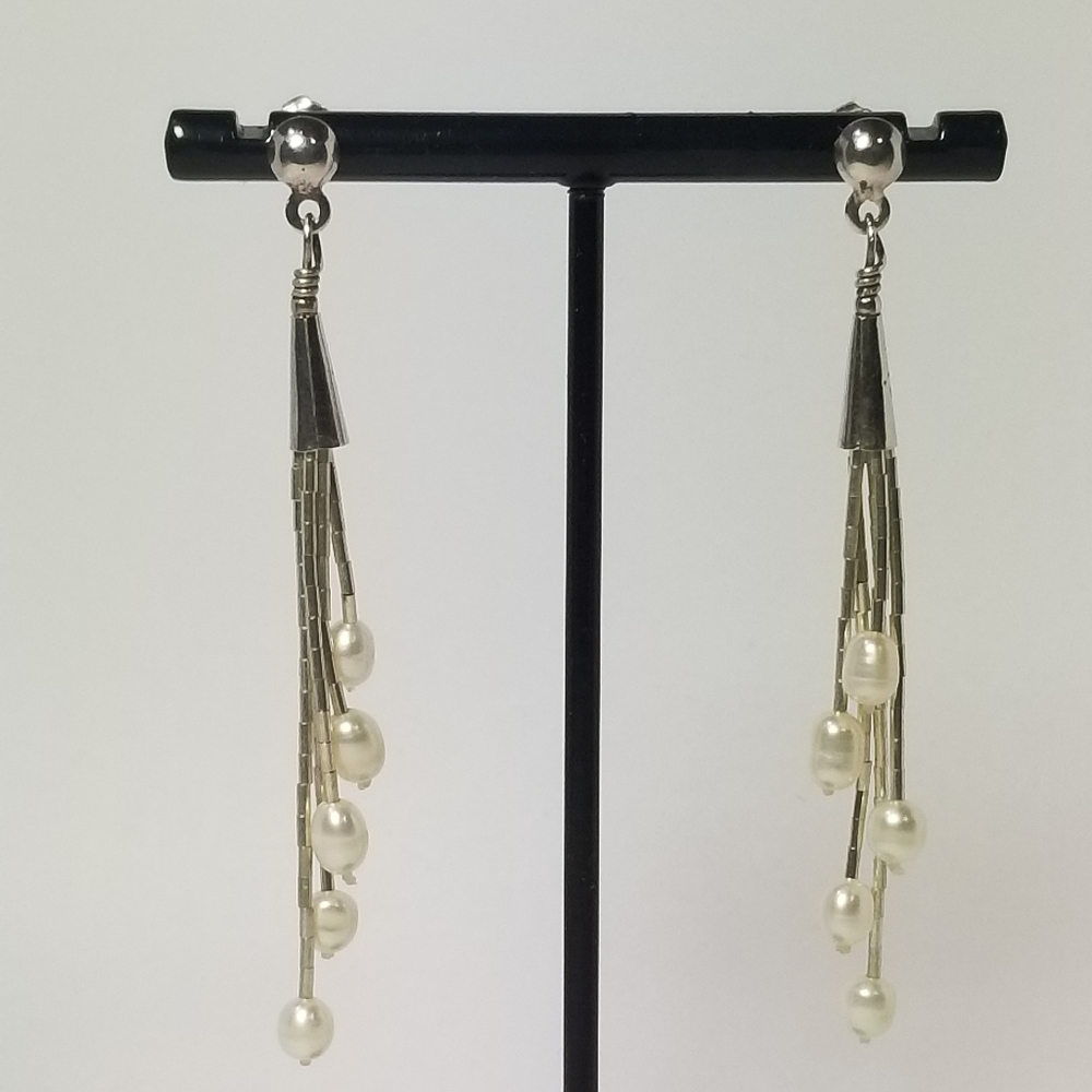 Vtg STERLING SILVER DANGLE PEARLS STUD EARRING - Picture 2 of 8
